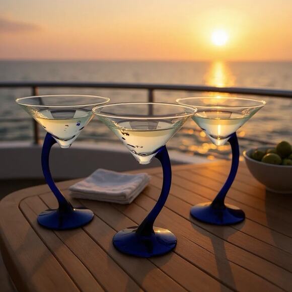 Libbey Swerve Cobalt Blue Stem Martini Glass Set Of 3- Vintage - Picture 1 of 6